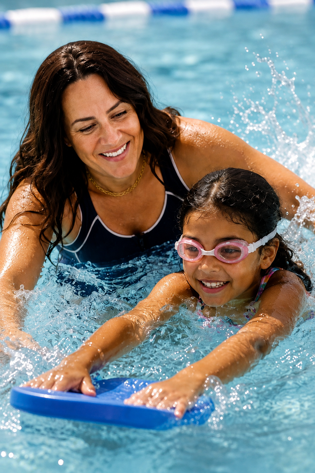 Sarah teaching a young swimmer to kick with a kickboard in the pool